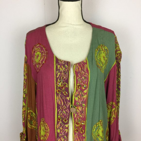 Soft Surroundings One Button Jacket 2X Womans Plus Pink Green Batik Print Rayon - Picture 3 of 15